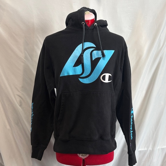 Champion Tops - Champion Black Hoodie with Blue Graphic